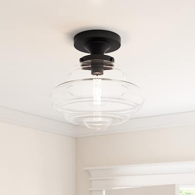 Modern Black Dimmable 1-Light Semi-Flush Mount Ceiling Light with Glass Shade