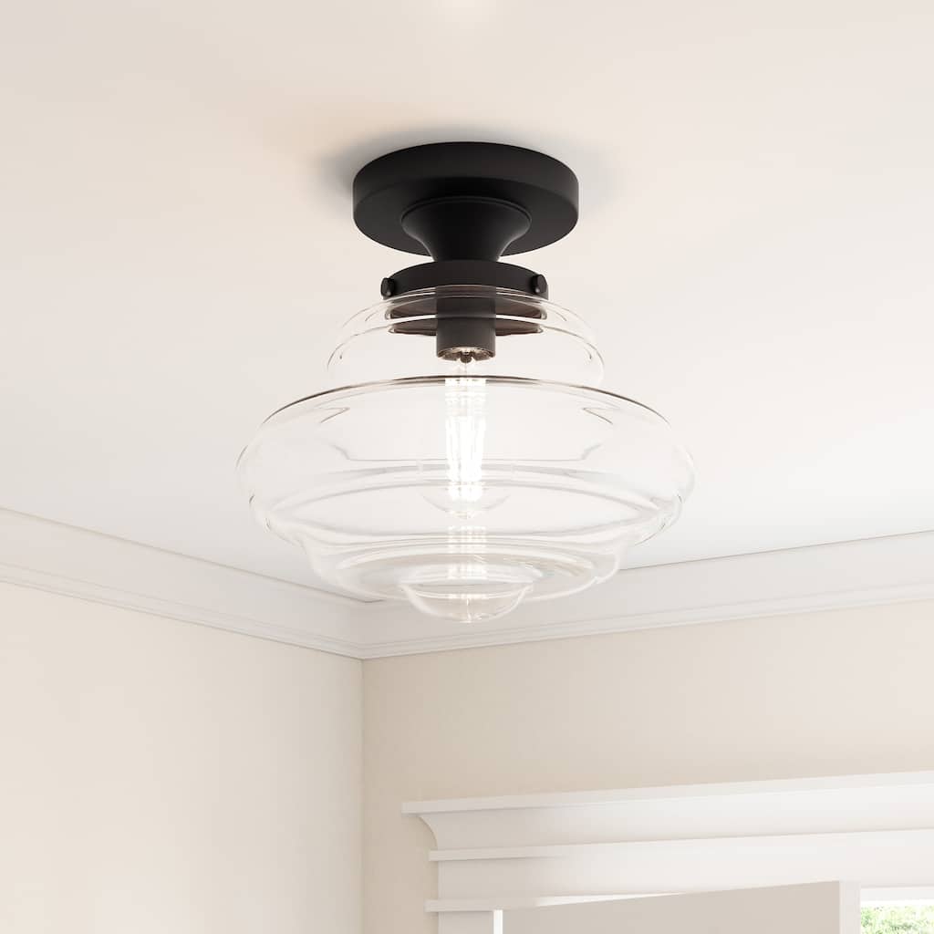 Modern Black Dimmable 1-Light Semi-Flush Mount Ceiling Light with Glass Shade