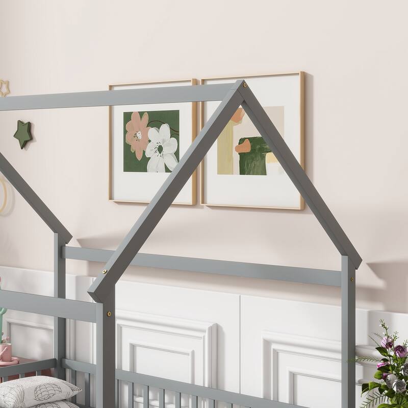 House Floor Bed with Roof Frame and Safety Guardrails,Ideal for Creating a Dreamy and Secure Sleeping Space for Kids