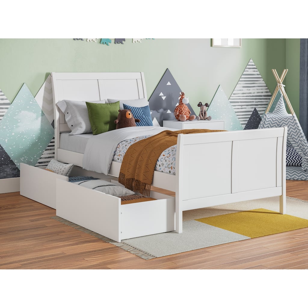 Twin Platform Bed with Drawers - HomeStock Storage Bed, White Finish, Hardwood Slats