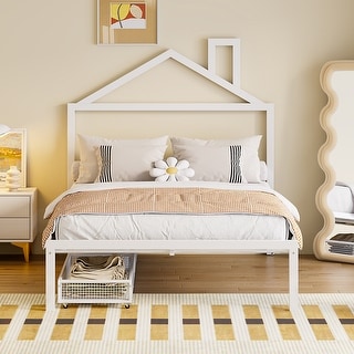 Metal Platform Bed with 2 Drawers, Bedroom Kids Bed Frame with House-Shaped Headboard Design and Support Slats, Easy Assembly