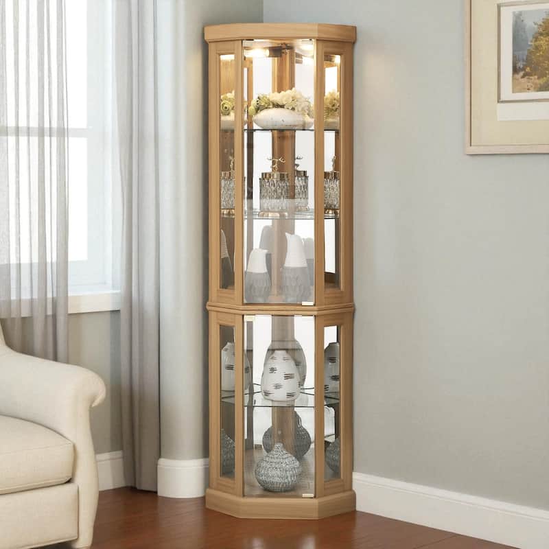 Corner Lighted Glass Curio Cabinet with Adjustable Shelves, Mirrored Back and Display Doors - Light Oak
