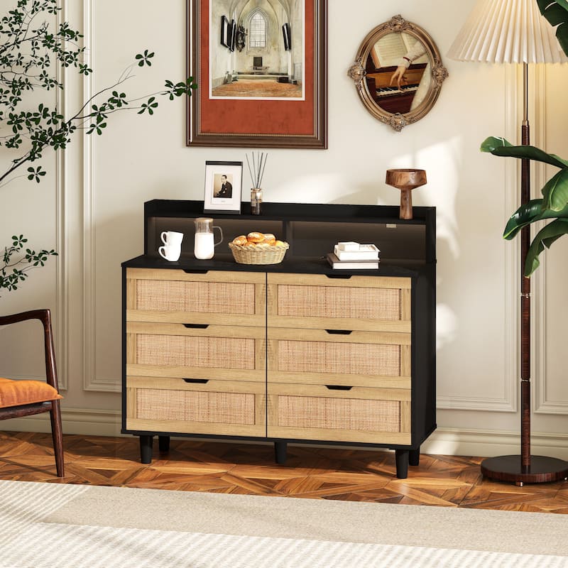 6-Drawers Rattan Storage Cabinet with LED Lights and Power Outlet