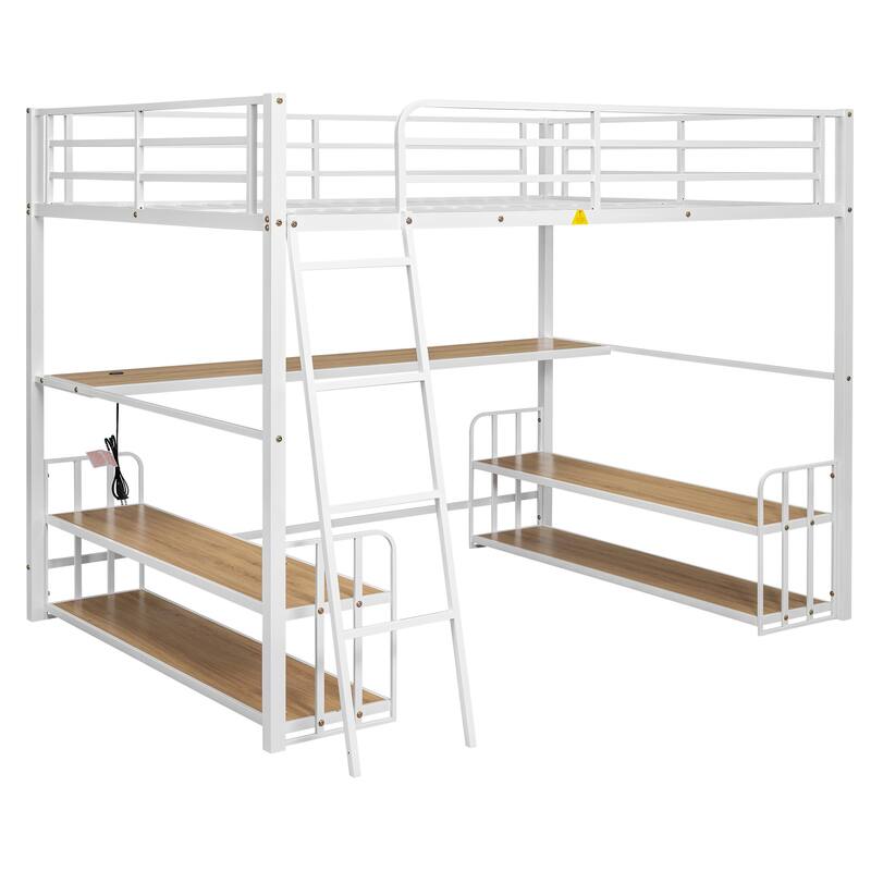 Heavy Duty Metal Bed Frame, Twin Size Loft Bed with Wood Desktop Desk, Storage Shelves and Charging Station for Bedroom