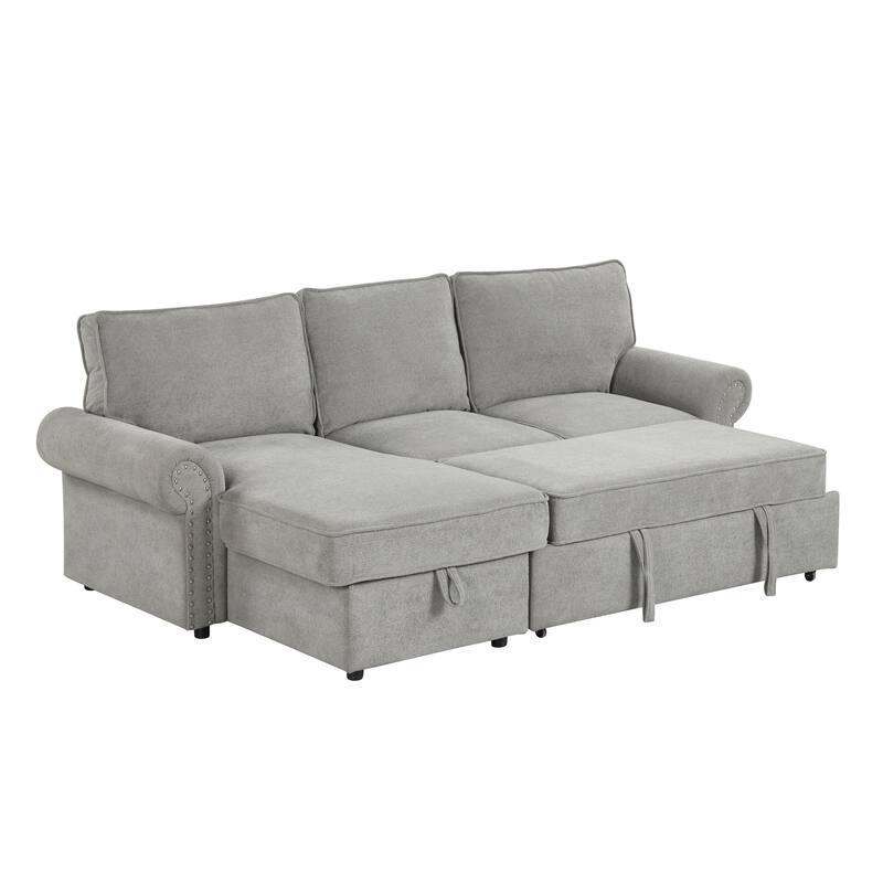 Convertible Sectional Sleeper Sofa with Storage Chaise, Pull-Down Backrest, Dual Cup Holders, Arc Armrests and Nailhead Trim