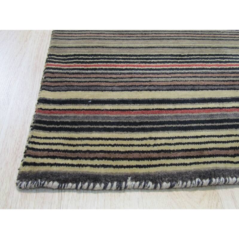 Black/Charcoal Handmade Wool Transitional Striped Rug, 3' x 5' - Durable striped rug with bold neutral tones. - N/A