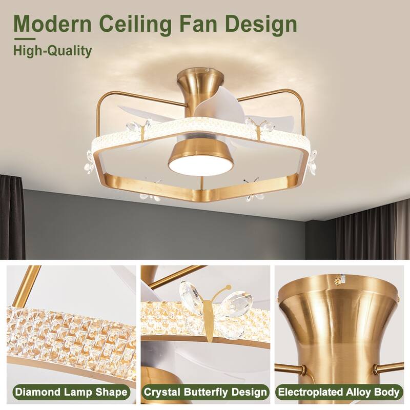 Modern Flush Mount Crystal Ceiling Fan, Gold Reversible Fandelier Fan Light for Bedroom