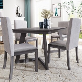 5-Piece Farmhouse Rustic Wood Dining Table Set w/Linen Fabric Chairs ...