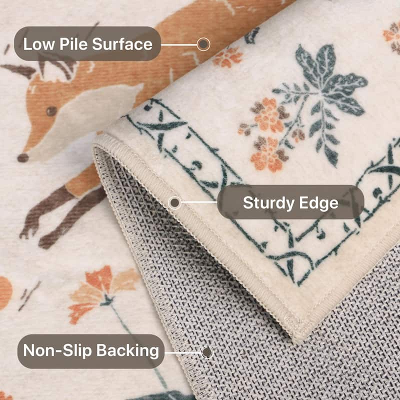 Mcow Woodland Friends Animal Print Low-Pile Machine-Washable Area Rug