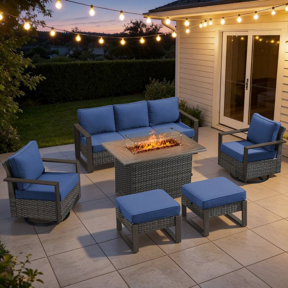 Meyreso Wicker Outdoor Patio Fire Pit Set with Swivel Gliders & 4.5" Olefin Cushions