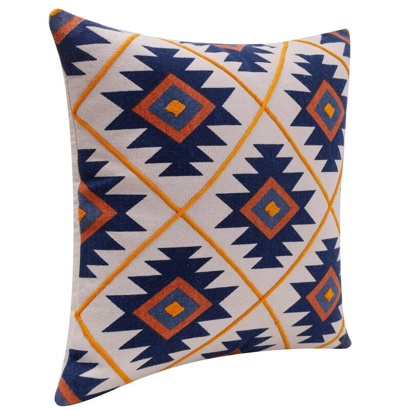 Handmade Southwestern Square Throw Pillow - 20" - Navy Blue and Orange