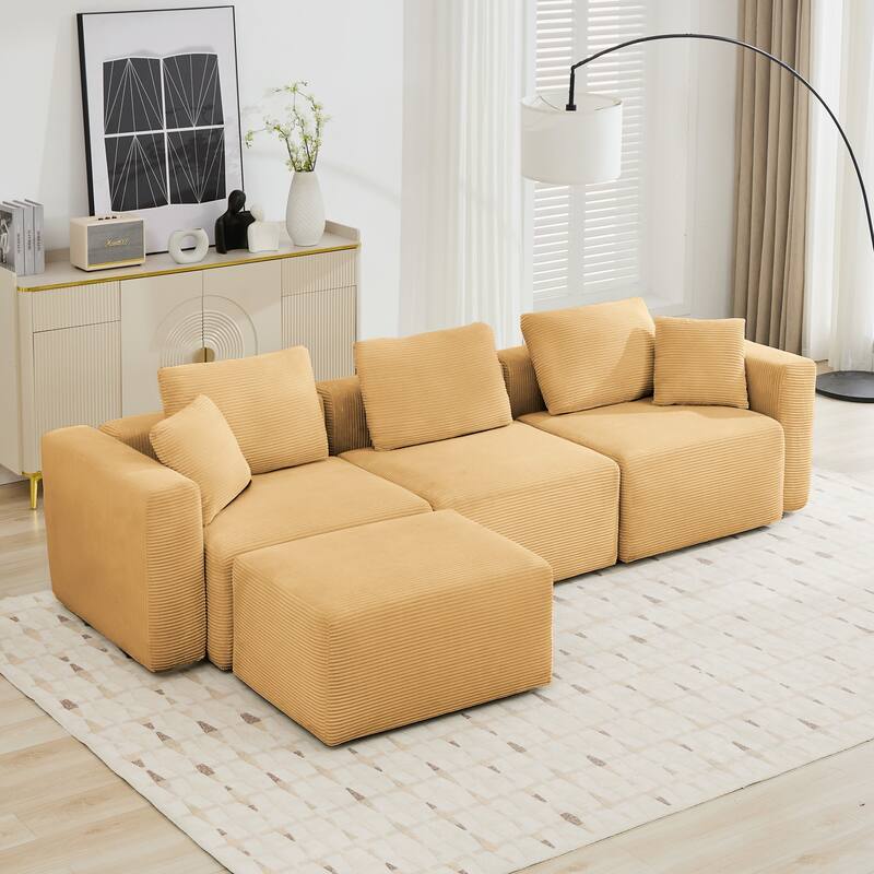 Corduroy Sectional Modular Sofa with Square Arms & Ottoman Extension for Flexible Arrangements