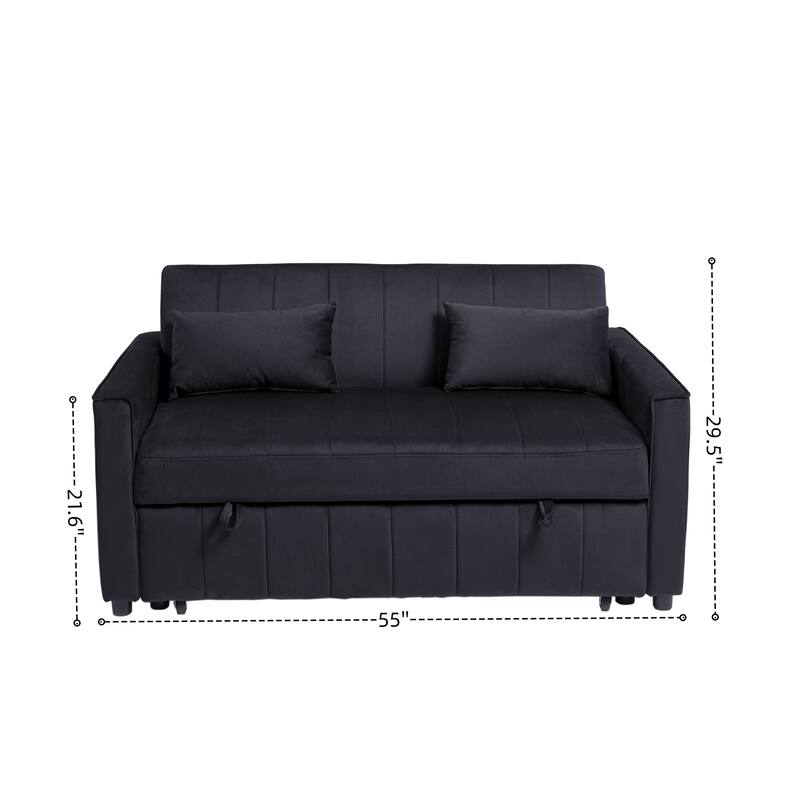 2 Seat Sleeper Sofa Bed, 3-in-1 Velvet Pull Out Couch w/ Adjustable Back, Square Armrest Sofa w/ 2 Pillows Storage Pockets