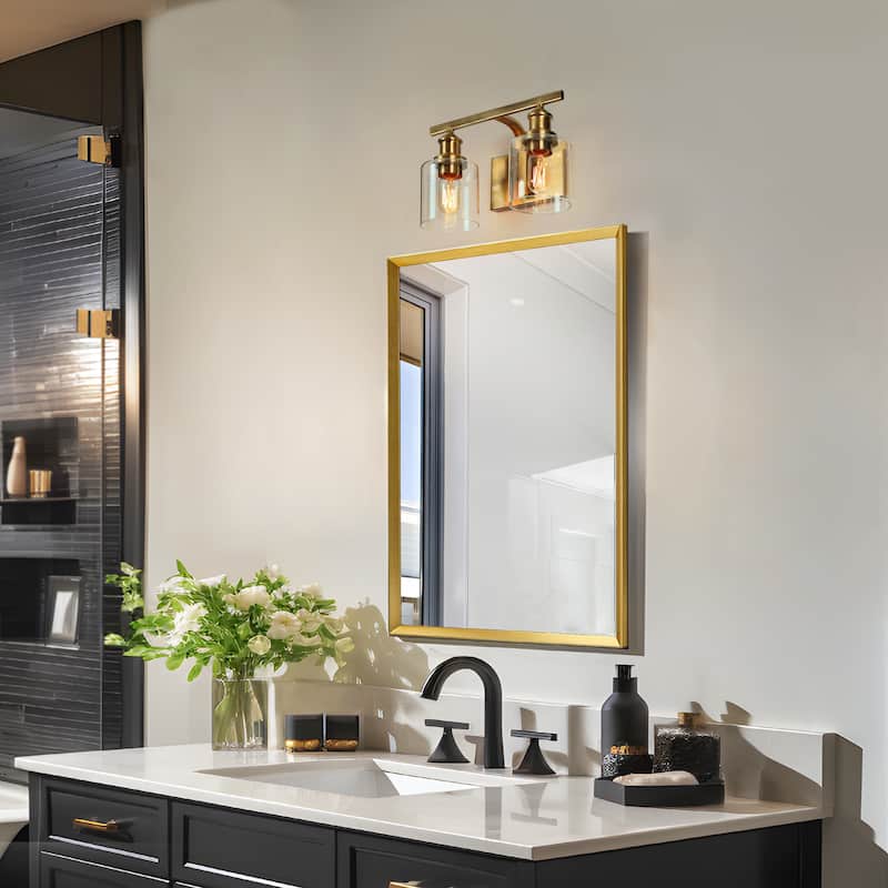 Oriva Modern 2-Light Gold Wall Sconce Cylinder Clear Glass Bathroom Vanity Light - Brushed Electroplated Copper - W14"xD6.5"xH9"