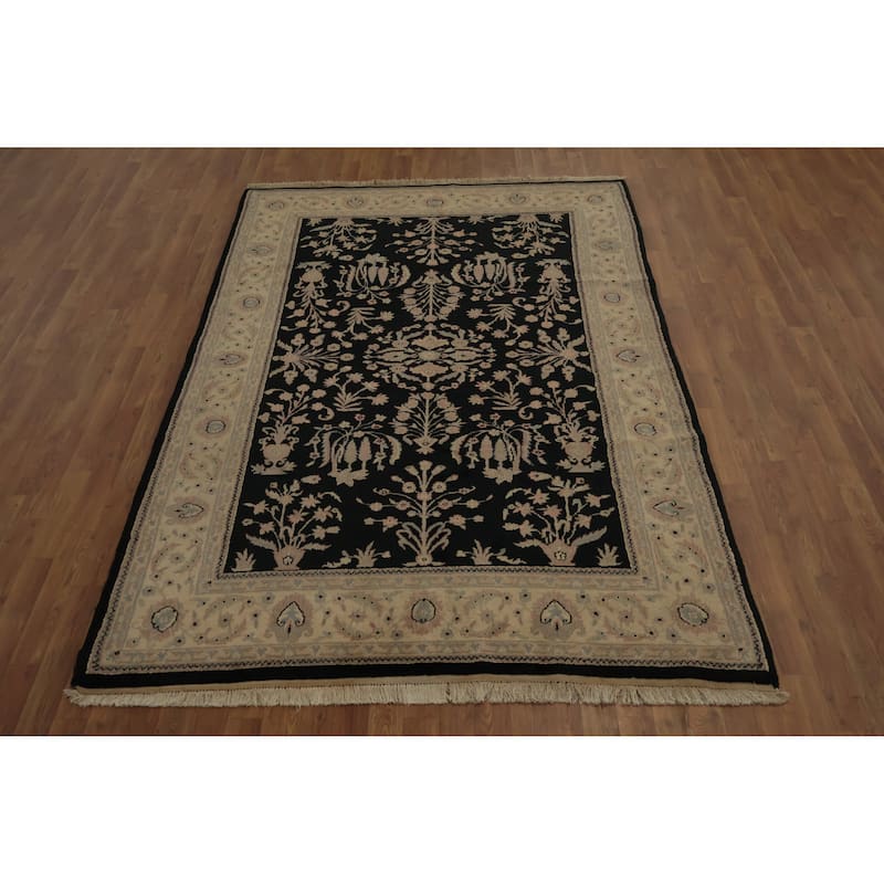 Hand Knotted Oriental 100% Wool Carpet Traditional Floral Black Agra Area Rug - 8' 7'' X 5' 9''
