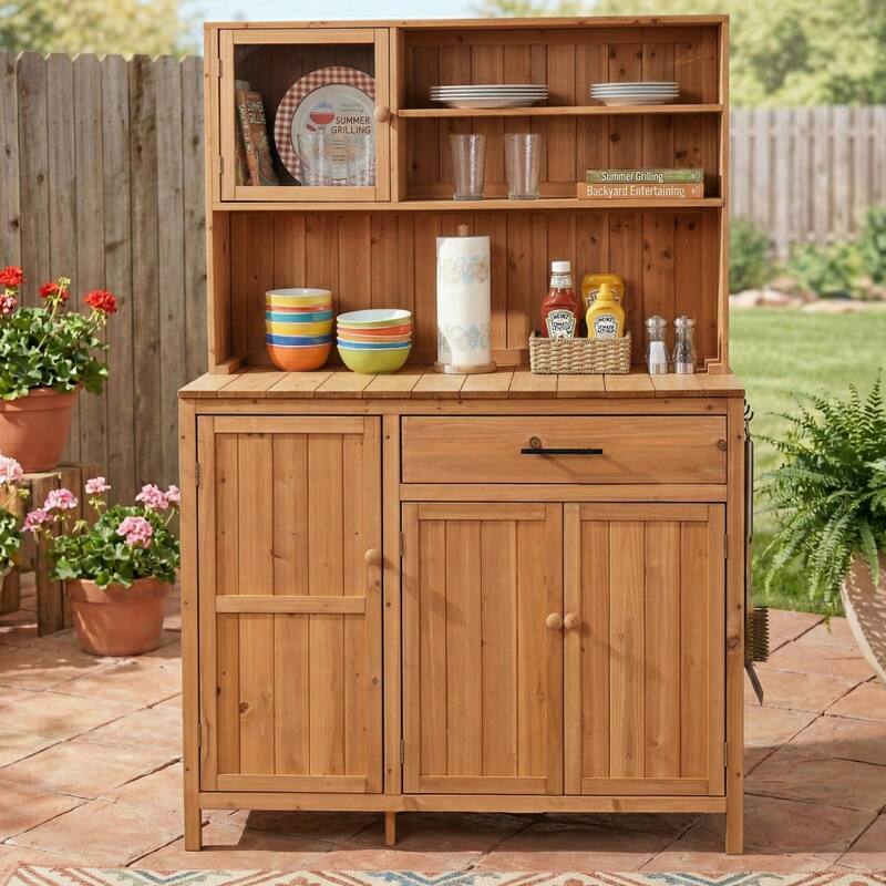 65" Solid Fir Wood Potting Bench with Hutch, Garden Workstation Table with Drawer, Spice Rack & Shelves