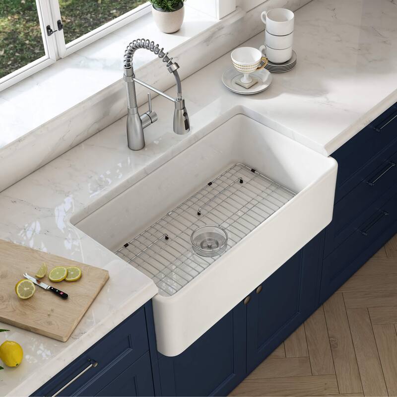 White Fireclay Farmhouse Undermount Kitchen Sink with Bottom Grid and Strainer