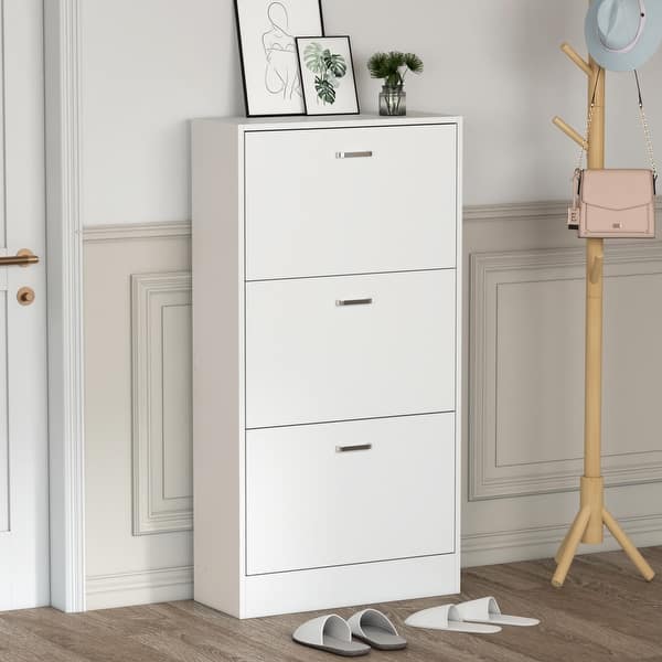 slide 2 of 17, 23.6"W Trendy Shoe Storage Cabinet with 3 Large Fold-Out Drawers White