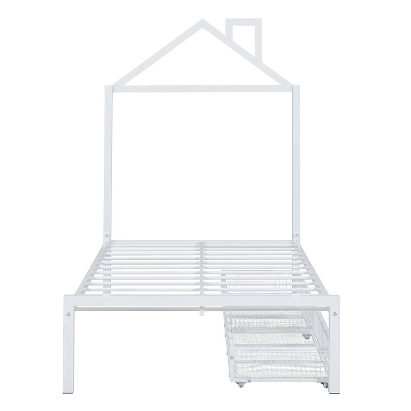 White Twin Size Metal Platform Bed with Two Drawers & House Headboard