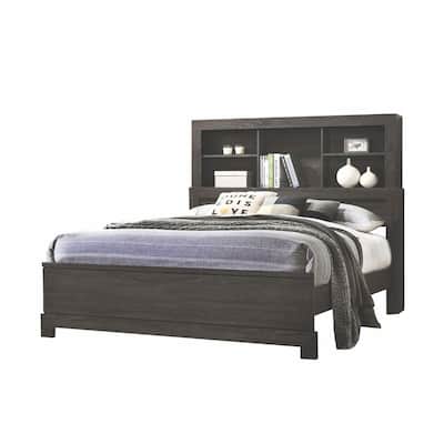5 Open Compartments Wooden Eastern King Bed in Gray Oak Finish