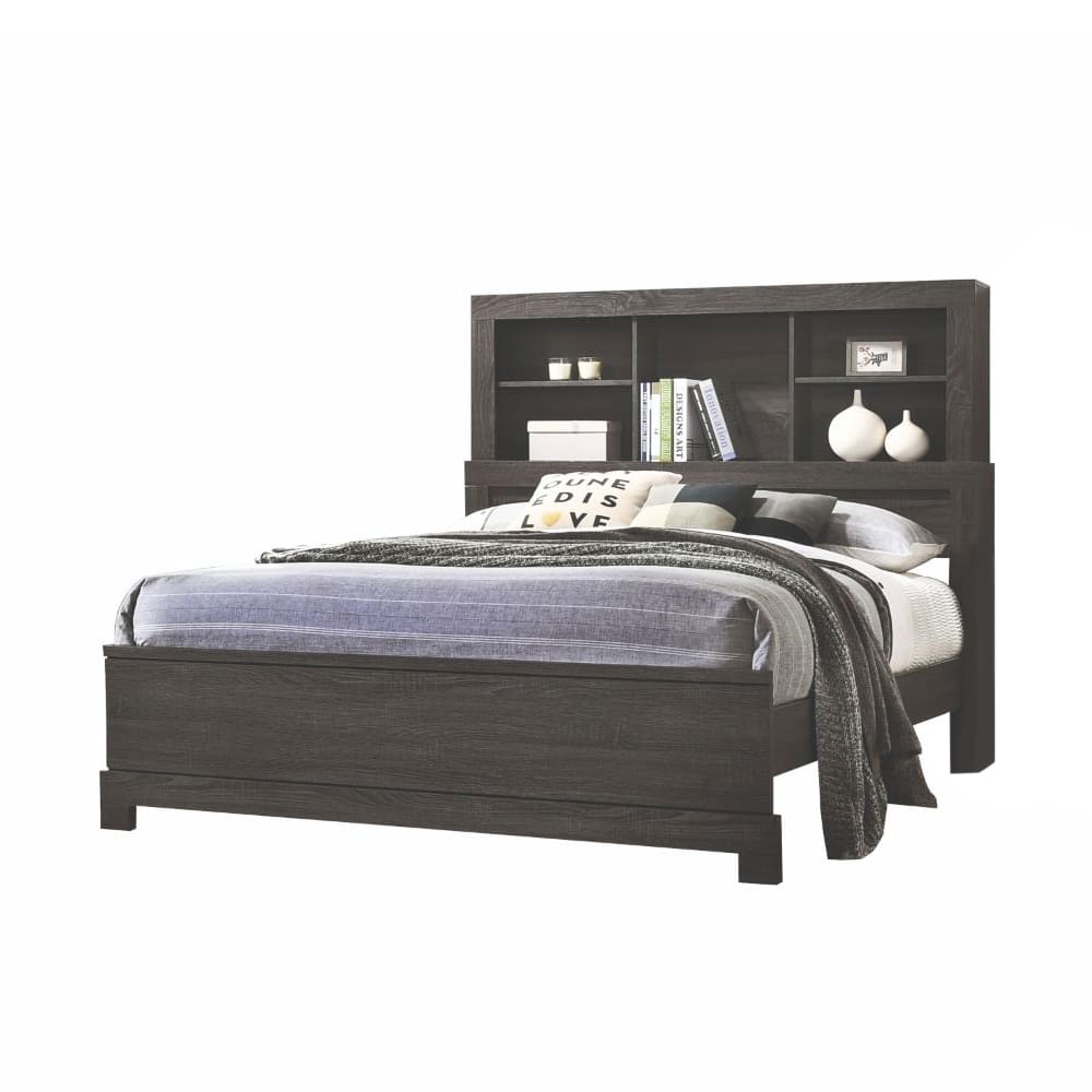 5 Open Compartments Wooden Eastern King Bed in Gray Oak Finish