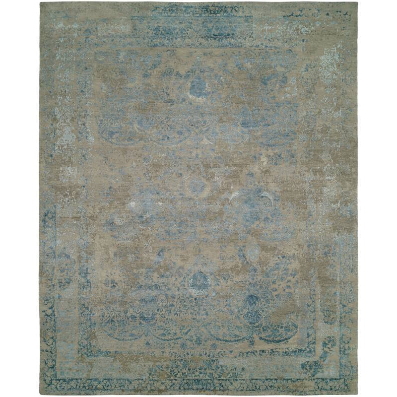 Modern Blue Hand-Knotted Wool & Viscose Area Rug - 10' x 14' - Blue