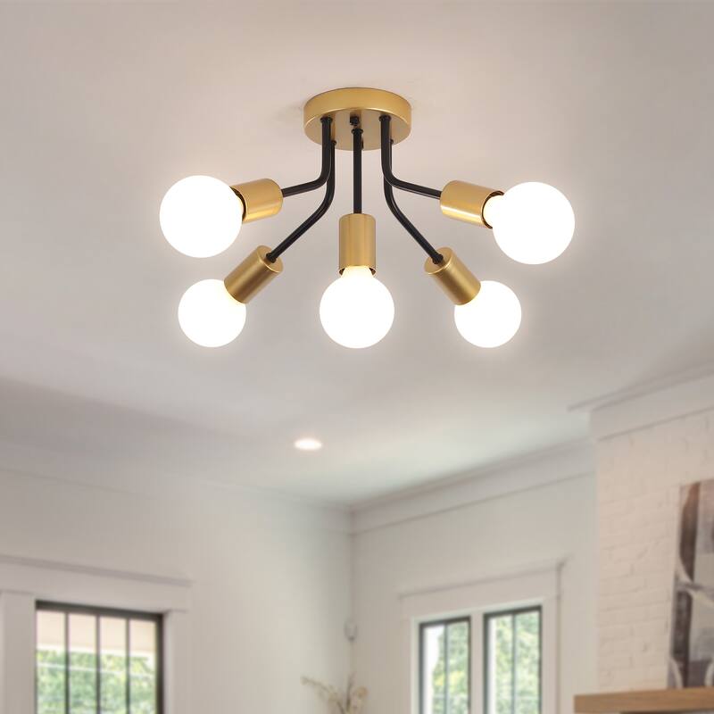 5-Light Semi Flush Mount Chandelier for Hallway Entryway Dining Room - Black+Gold