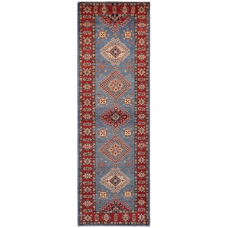 Caucasian Super Kazak Kiara Light Blue/Red Hand Knotted Wool Runner - 2'11'' x 9'8''