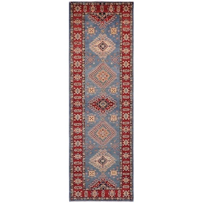 Caucasian Super Kazak Kiara Light Blue/Red Hand Knotted Wool Runner - 2'11'' x 9'8''