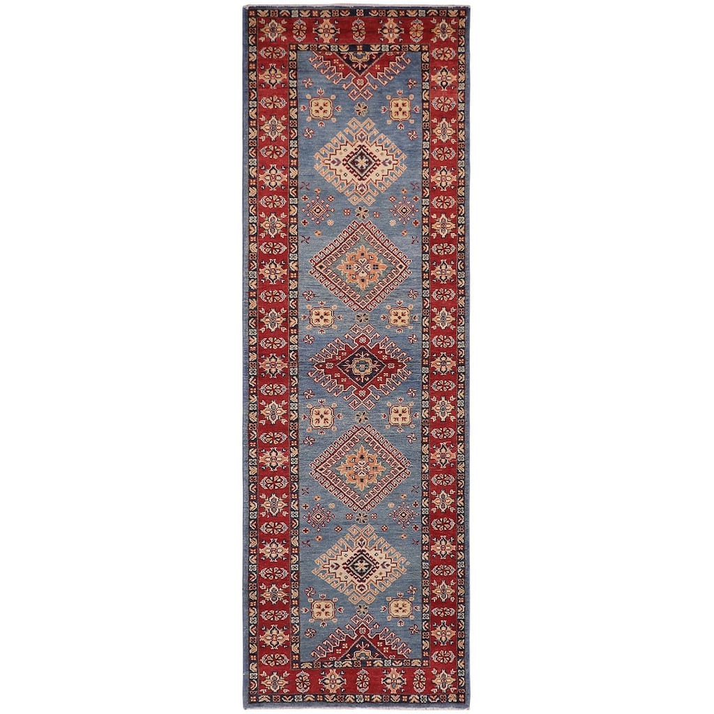 Caucasian Super Kazak Kiara Light Blue/Red Hand Knotted Wool Runner - 2'11'' x 9'8''