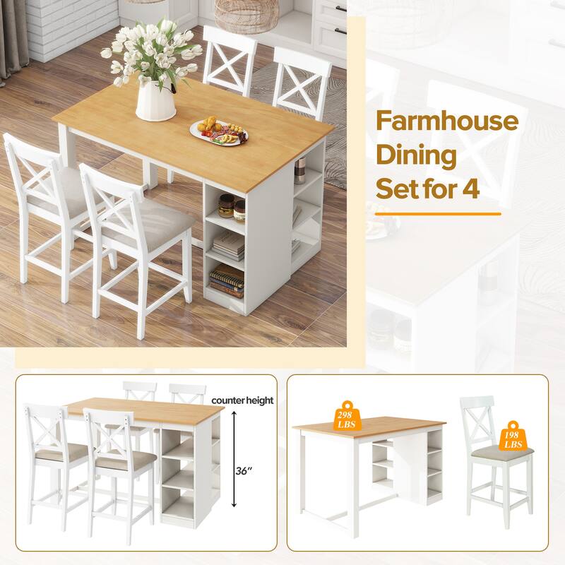 Solid Wood Farmhouse Counter Height Dining Table Set with 3-Tier Storage Shelves, Upholstered Dining Chairs for 4, 5-Piece