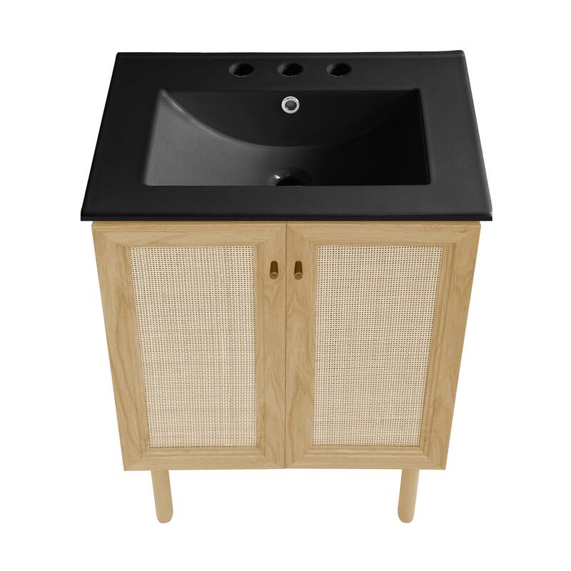 Classe 24 In. Natual Oak Bathroom Vanity With Black, 3-Hole Ceramic Sink Top