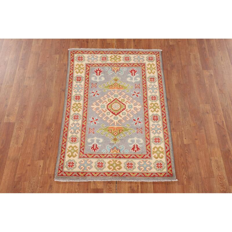Gray Geometric Kazak Oriental Accent Rug Handmade Wool Carpet - 2'8" x 3'11"