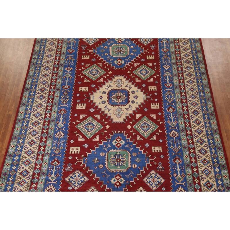 Large Red Geometric Kazak Oriental Area Rug Handmade Wool Carpet - 9'8" x 15'6"