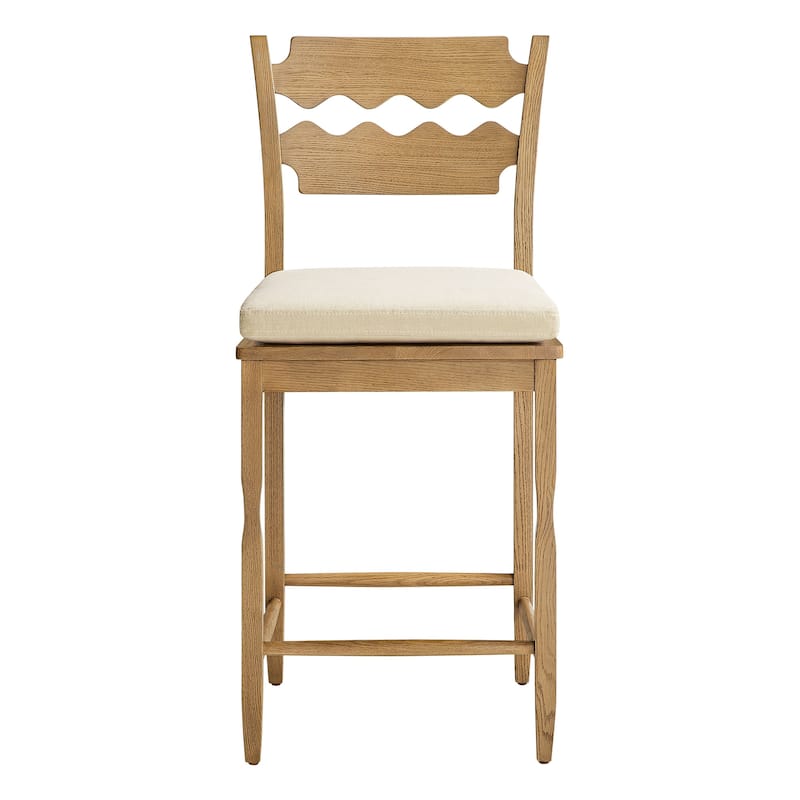 Jax Oak Wood Counter Stool With Wavy Razor Back and Cushion