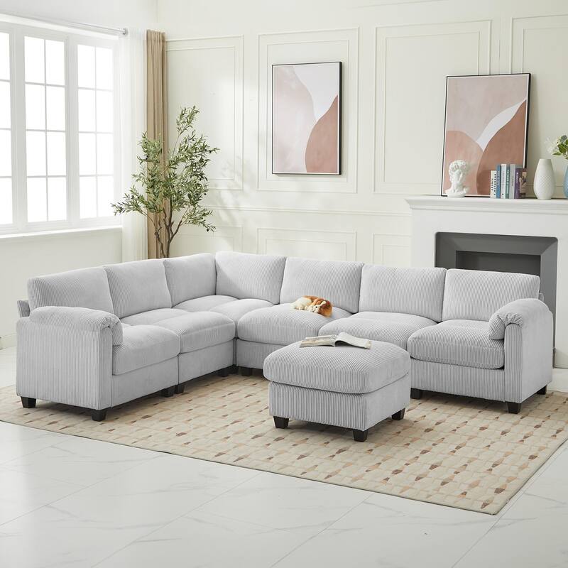 Corduroy Corner Sectional Sofas with a Removable Ottoman, L-shaped Reversible 7-seat Modular Couch