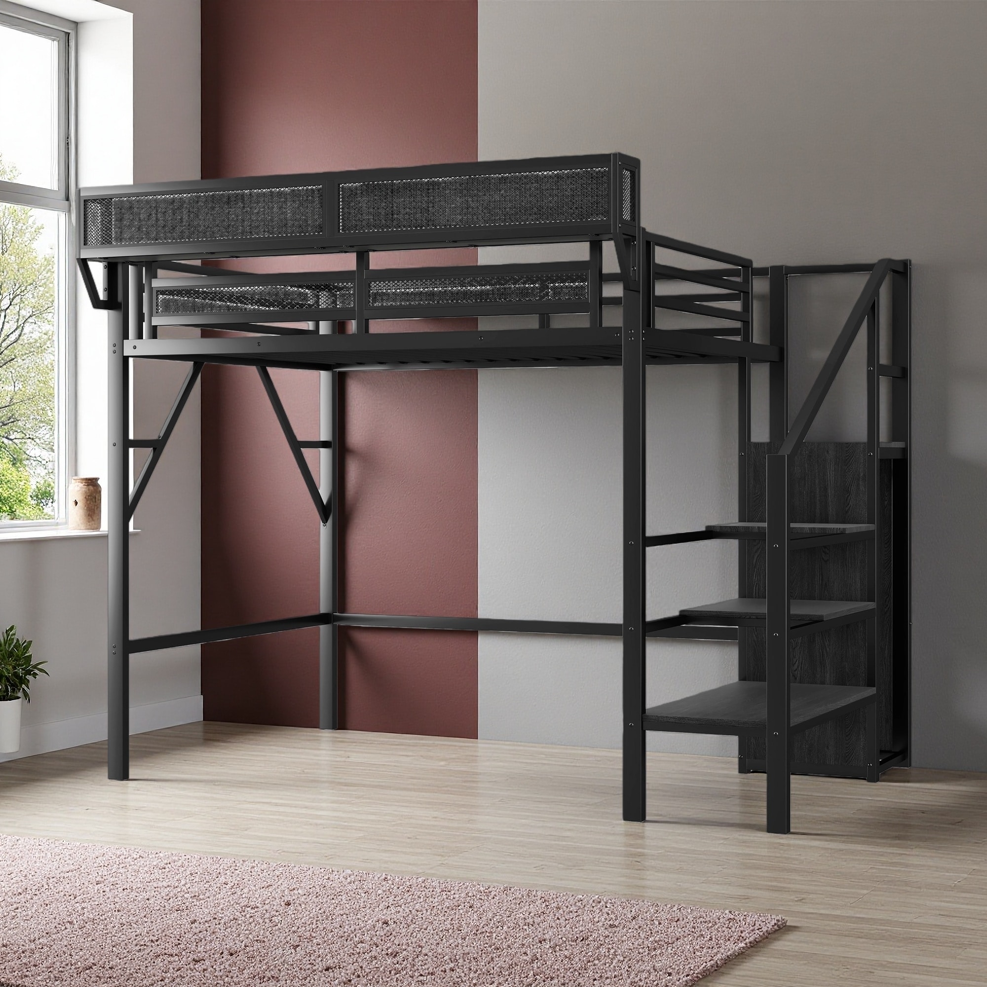 Twin XL Metal Loft Bed with Stairs, Wardrobe & Storage Shelves