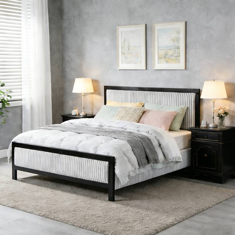 Roomfitters Upholstered Platform Bed Frame with Plush Cloud-Like Headboard and Solid Wood Slats, Grey and Black