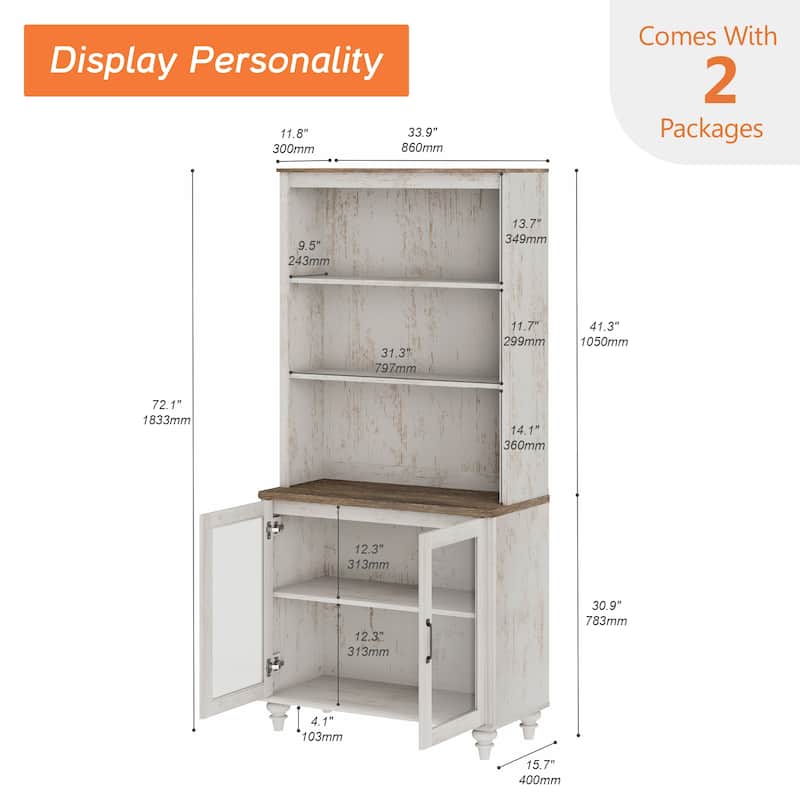 Rustic White Bookcase with Doors, Large Wood Farmhouse Book Case Shelf