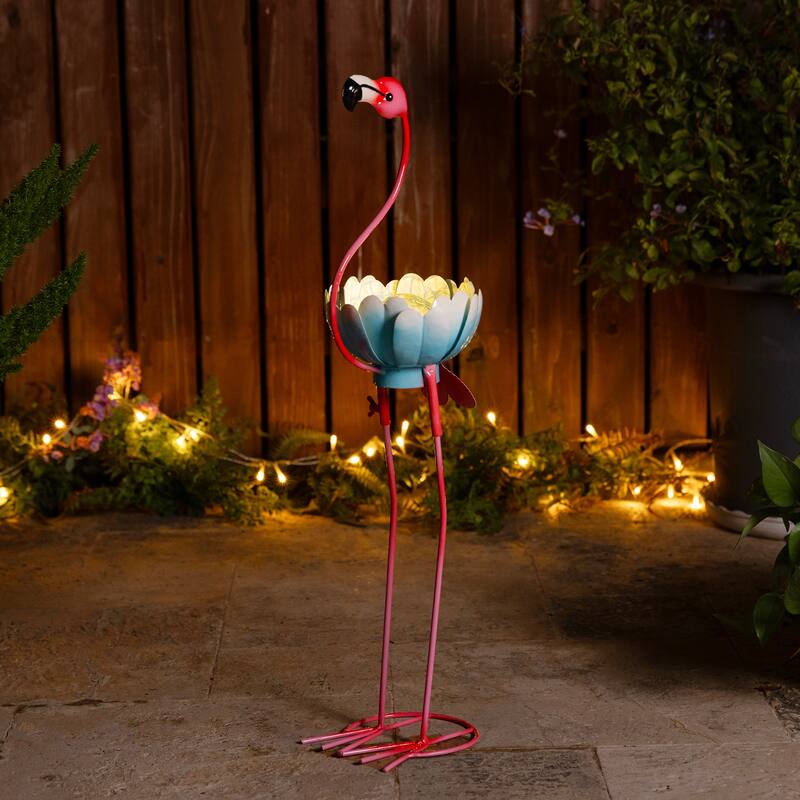  Glitzhome 26.25"H Standing Flamingo Solar Lighting Metal Statue for Outside Patio Lawn Balcony Backyard Decorations