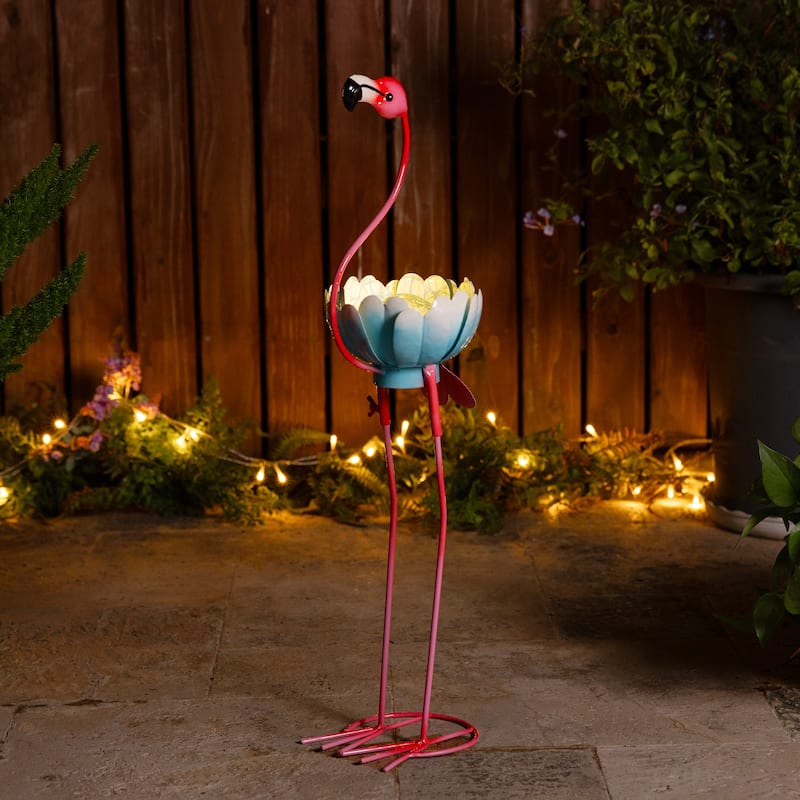 Glitzhome 26.25"H Metal Solar Lighting Standing Flamingo Garden Statue