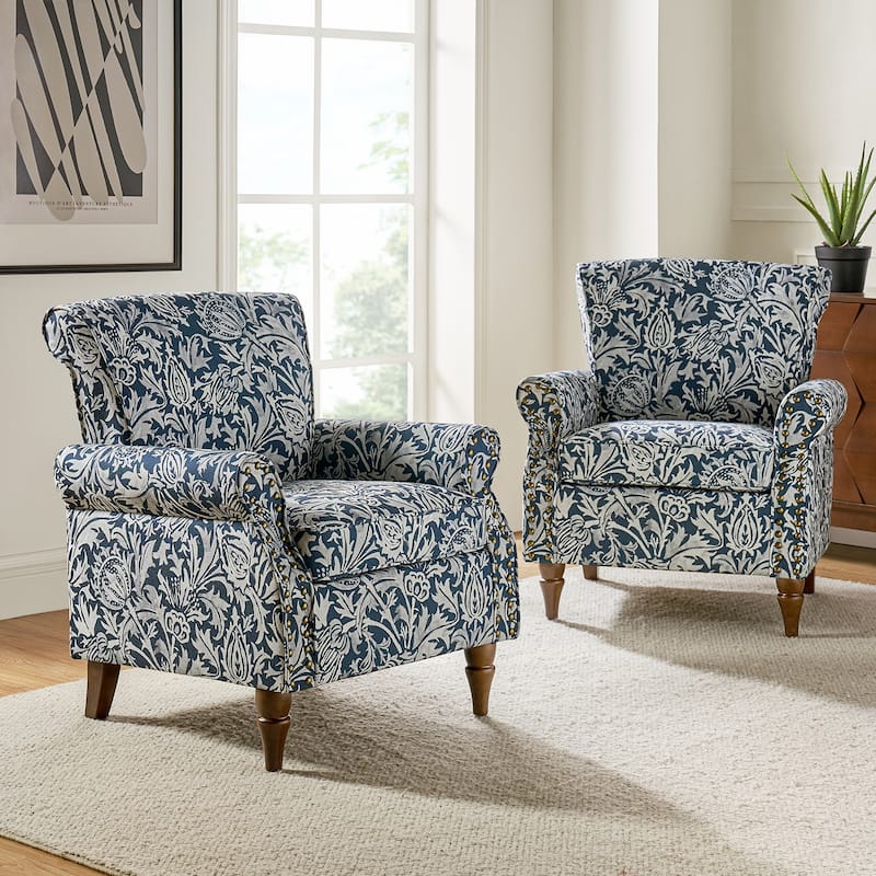 Avelina Upholstered Accent Armchair Floral Pattern with Nailhead Rolled Arms Set of 2 - Navy