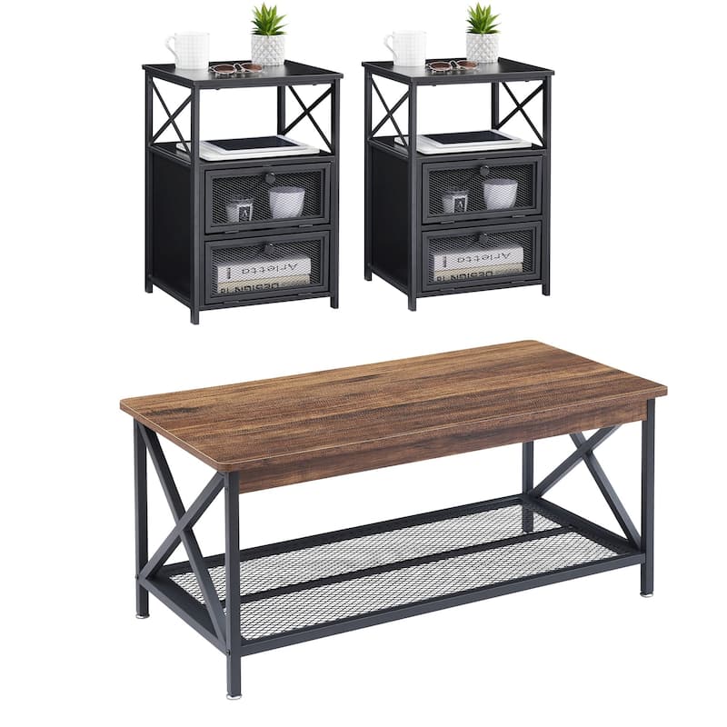 Industrial Coffee Table Set of 3, Rustic Brown Sofa Table and Nightstands Set of 2 - Black