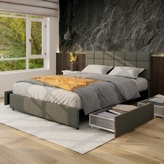 Full Size Gray Platform Bed with Drawers and Shelf