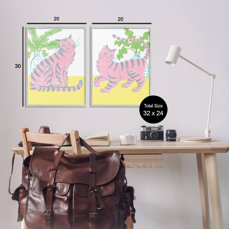 Stupell Pastel Pink Cats & Plants Framed Giclee Art Design By Hannah Moren (Set of 2)