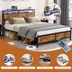 preview thumbnail 7 of 10, Rustic Brown Full Size Metal Industrial Bed Frame with LED Lights and USB Ports