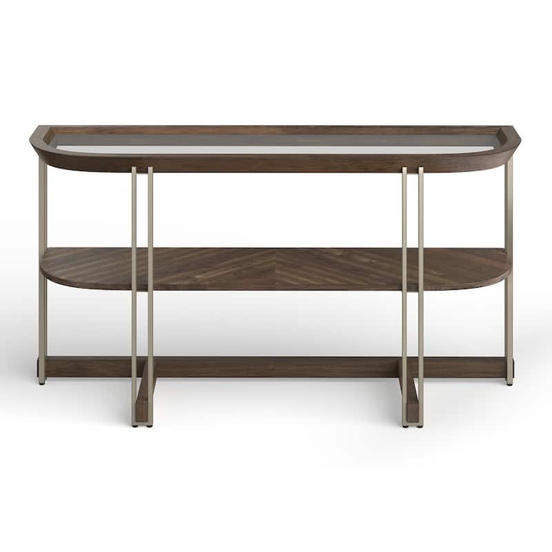 Magnussen Home Elora Walnut And Tarnished Silver and Clear Glass Demilune Sofa Table - 50''W x 15''D x 29''H - 50''W x 15''D x 29''H