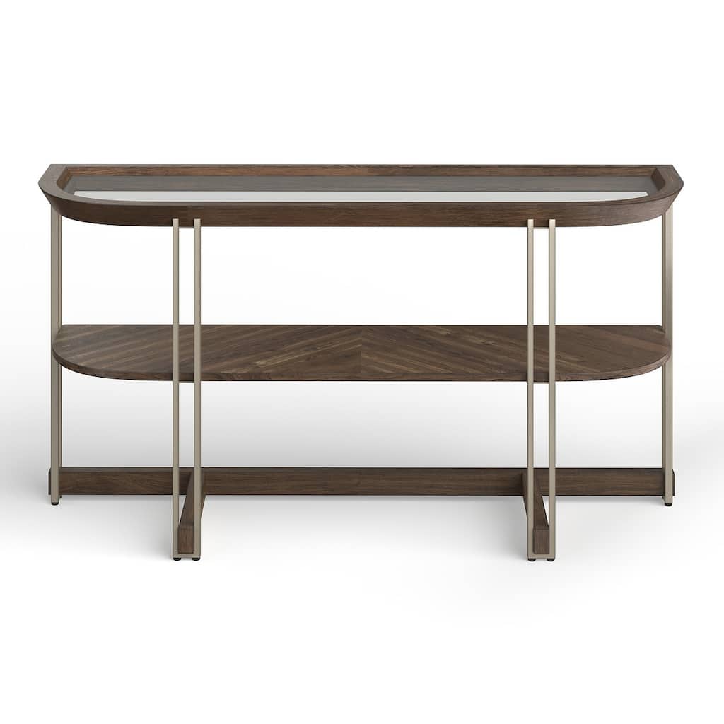 Magnussen Home Elora Walnut And Tarnished Silver and Clear Glass Demilune Sofa Table - 50''W x 15''D x 29''H