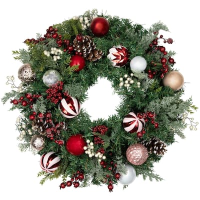 Green Red White Peppermint Decorated Artificial Christmas Wreath 29"