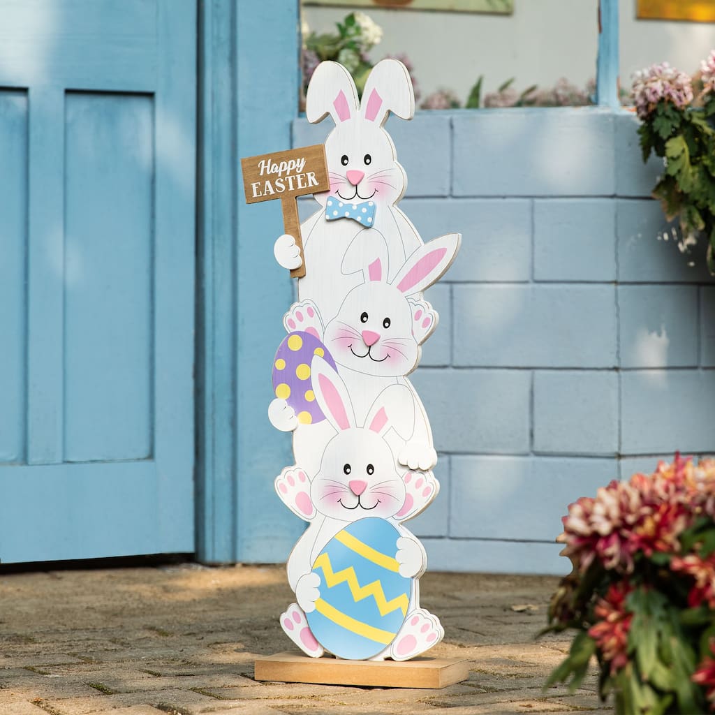Glitzhome Wooden Happy Easter Bunny Eggs Porch Sign Standing Decor Spring Gift